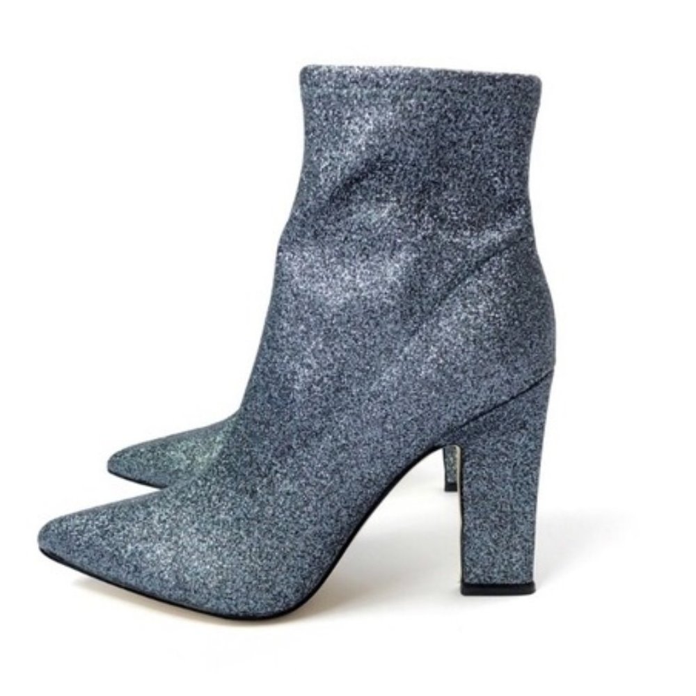 GUESS ASPIRE Silver Glitter Heeled Ankle Boots - Metallic Booties - Party Glam 8